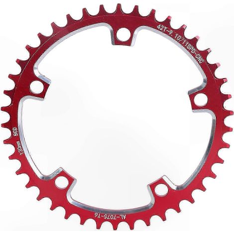 Pignon fixe pour vélo, 110 BCD, 5 trous, profil Narrow-Wide, teinte rouge, plateau rigide, compatible transmission. (1/5)