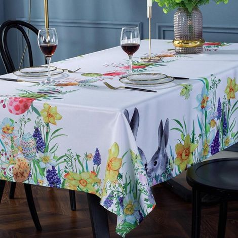 Oster-Tischdecke rechteckig 150x259cm, knitterfrei, schmutzabweisend, Frühlingsblumen