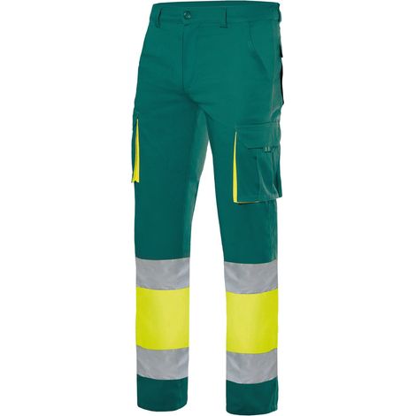 Pantalón stretch multibolsillos de alta visibilidad con bolsillos fuelle VELILLA Serie 303002S L Verde / Amarillo flúor