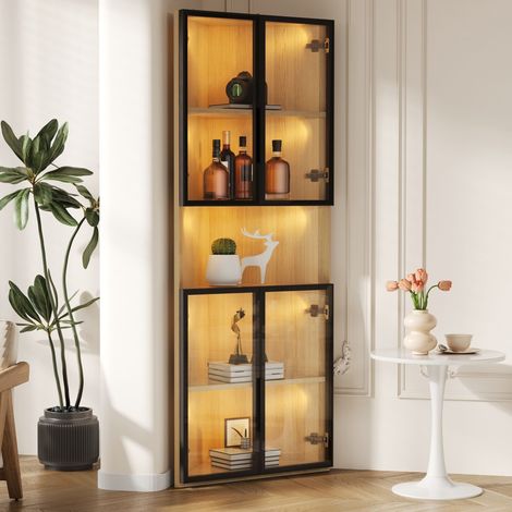Vitrine LED en verre 62 x 32 x 160 cm verre trempé étagères éclairées soft close rangementPour bibliothèque, cave à vin,MDF, chêne