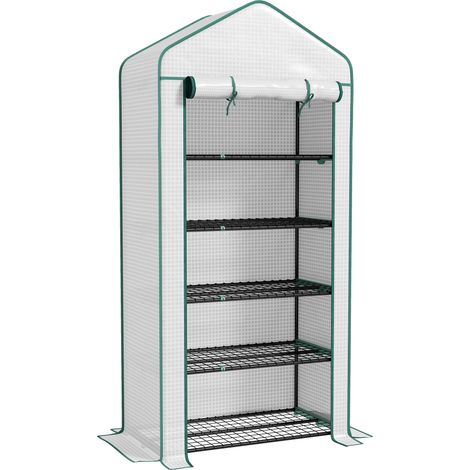 5 Tier Widened Mini Greenhouse with Reinforced PE Cover, Portable Indoor Outdoor Green House with Roll-up Door and Wire Shelves, 193H x 90W x 49Dcm, White
