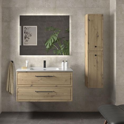 Mueble de Baño RUNA 100cm Roble 2 cajones Lavabo 1 poza Porcelana (1/5)