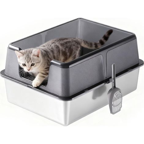 Bac à Litière Chat Acier Inoxydable avec Pelle Incluse, Bac à Chat Métallique Anti-Fuite Bords Hauts Grande Capacité, Design Ouvert Facile Nettoyer pour Chatons, Gros Grands Chats, 60x40x31.5cm (1/5)