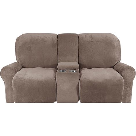 Soft stretch jacquard recliner chair cover with cup holder holes, machine washable furniture protector (2-seater, brown) (1/5)