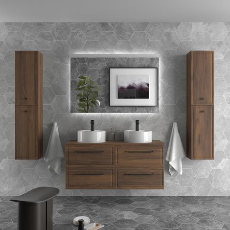 Mueble de Baño RUNA 140cm Nogal 4 cajones Lavabo sobre encimera 2 pozas Porcelana (1/5)