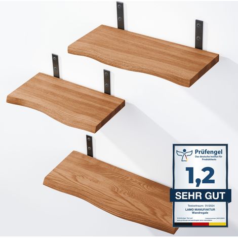 LAMO Manufaktur 3 Stück Wandregal Holz 42/36/30cm Schweberegal Massiv 100% Echtholz Hängeregal für Wohnzimmer, Schlafzimmer, Küche, Büro, Badezimmer Wandregale SET 1 Baumkante Farbe: Dunkel (1/5)