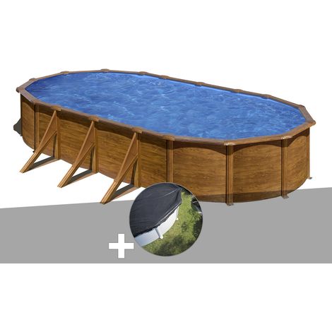 Kit piscine acier aspect bois Gré Pacific ovale 7,44 x 3,99 x 1,22 m + Bâche d'hivernage