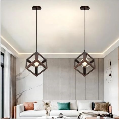 2Pcs Lampe Plafonnier Industrielle en Fer Forge E27 Lustre Suspension en Carre Vintage Rouillé pour Salon Chambre Cafe Bar (1/4)