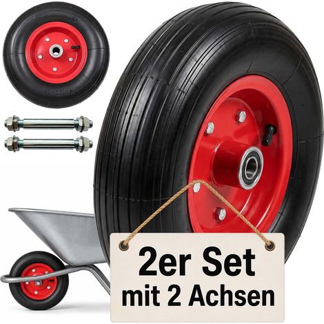 Relaxdays Sackkarrenrad 2er Set, 4.00-6, Vollgummi, Komplettrad Stahlfelge, mit Achse, Ersatzrad Schubkarre, schwarz/rot