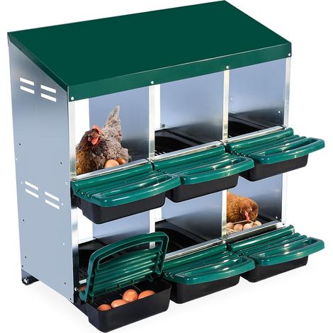 Pondoir pour Poules 6 Compartiments en Acier Galvanisé - Toit Incliné et Bac de Récupération - 81x52x79 cm - Vert (1/5)