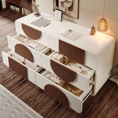 Commode à 6 tiroirs au design incurvé, buffet élégant avec baguettes en bois couleur chocolat, 121 x 41 x 71 cm, blanc (1/5)