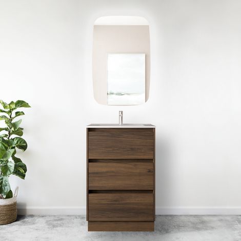 Mobile bagno a terra 60 cm 3 cassetti in legno noce maya con lavabo ad incasso - Nova - Con Doppia colonna Specchio e Lampada Led