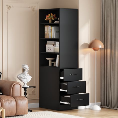 Bibliothèque en panneaux de particules noirs 60 x 38 x 180 cm avec 4 niches, 3 tiroirs latéraux et 2 tablettes réglables (1/5)