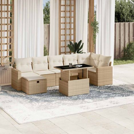 Salon de Jardin 8 Places en Résine Tressée Beige avec Coussins Amovibles - Table Réglable et Structure Modulaire (1/5)