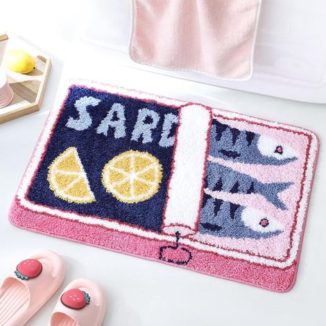 Tapis de Bain Anti-dérapant Lavable Motif boîte de Sardines, Bleu-Rose, Doux et Absorbant, Tapis de Salle de Bain Amusant, pour Cuisine et Salle de Bain, 50 x 80 cm (1/5)