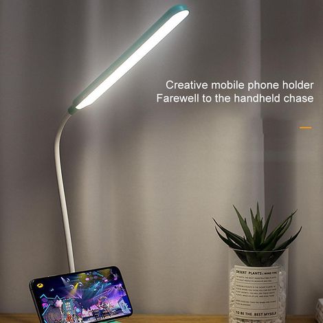 Wiederaufladbare LED-Schreibtischlampe über USB mit Augenschutz, Handyhalterung und drei augenschonenden Lichtfarben. (1/5)