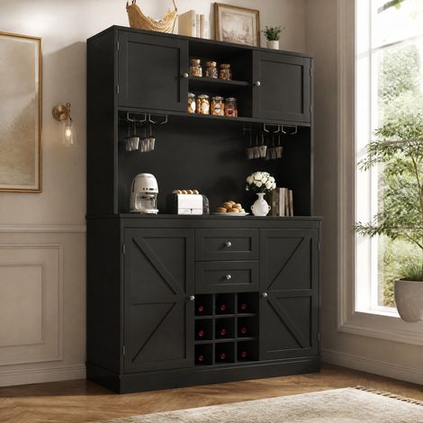 DESMIU Buffet Haut de Cuisine avec 4 portes, 2 tiroirs, étagères réglables, range-bouteilles, pour cuisine et salon, MDF noir, 120 × 40 × 188 cm (1/5)