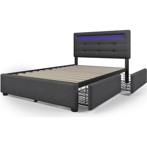 Polsterbett 90x200 cm mit LED, 2 Schubladen, verstellbarem Kopfteil und Matratze, Grau (1/5)