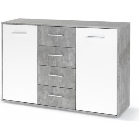 Buffet bas PILVI - 2 portes et 4 tiroirs - Blanc et béton clair - L 122,6 x P 34,2 x H 81,1 cm (1/5)