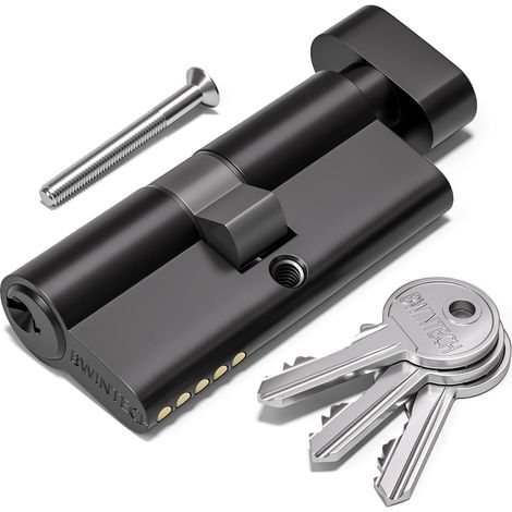 1 Cylindre en Laiton Euro 30T/30mm, Serrure à barillet de 60mm avec 3 Clés en Laiton Standard,Anti-Picking, Anti-Perçage, Anti-Snap, Anti-Bumping,Noire