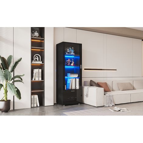 Vitrines en acryl avec des portes de couleur noire brillante. Vitrines équipées de portes LED. Vitrines en acryl avec des portes de couleur noire brillante (3 niveaux). (1/5)