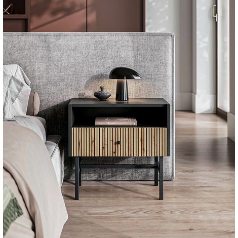 AX LIVING Nachttisch mit Schublade Dinley 55 cm Schwarz mit Eiche-Riffel