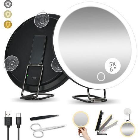 Miroir grossissant 30X avec éclairage, Miroir de Maquillage Rechargeable de 15 cm avec 3 lumières de Couleur, grossissement Portable 30X pour Les Voyages et Les travaux de précision (1/5)