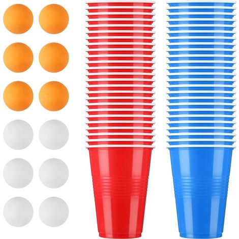 Beer Pong Tumbler, 500 ml, Red and Blue, 50 Cups with 12 Ping Pong Balls, Reusable, Ideal for Drinking Games, Parties, Birthdays, Weddings, Camping, 3 Years and Above