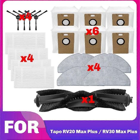 Ersatzteile für den TP-Link Tapo RV30 Max Plus / RV20 Max Plus / RV30 Max / RV20 Max Staubsauger: Hauptseitenbürste, HEPA-Filter und Reinigungsbeutel.