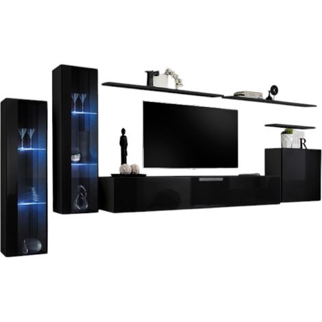 Composizione murale SWITCH XI mobile TV sospeso nero lucido 330 cm con LED