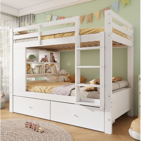 Etagenbett 90x200 cm Weiß mit 2 Schubladen, offenem Regal und Leiter, platzsparend für Kinder (1/5)