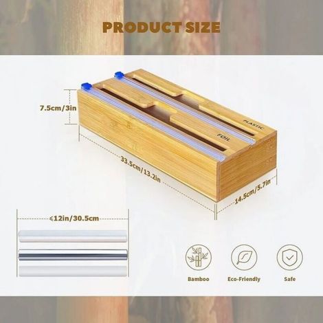 Distributeur Film Alimentaire - Distributeur Papier Aluminium - En Bambou Naturel - Pour Tiroir Cuisine - 2 en 1 - 1 Pièce (1/5)