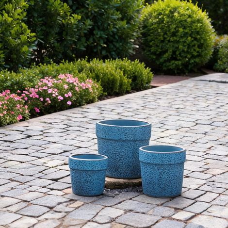 Lot de 3 pots de fleurs en céramique bleu antique diamètres 38 (1/5)