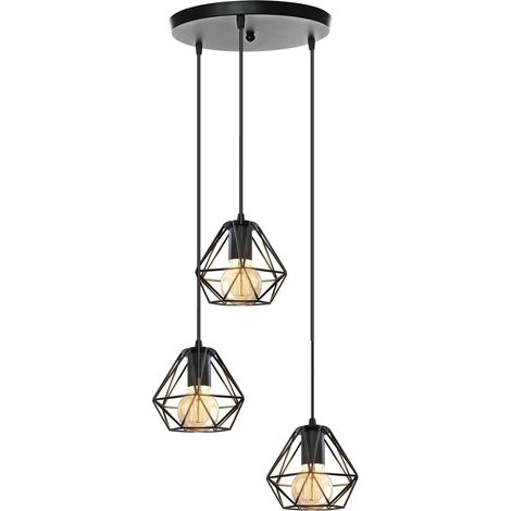 Lámparas De Colgar De Estilo Retro, Pantalla Metálica, 3 Luces, Negro, Diámetro 16 cm × Altura 13 cm , Altura Ajustable, Bombilla E27 (1/5)