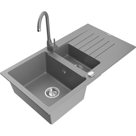 Mexen Matias évier en granit 1,5 bac avec égouttoir et robinet de cuisine Telma, gris - 6502-71-670200-71 (1/5)