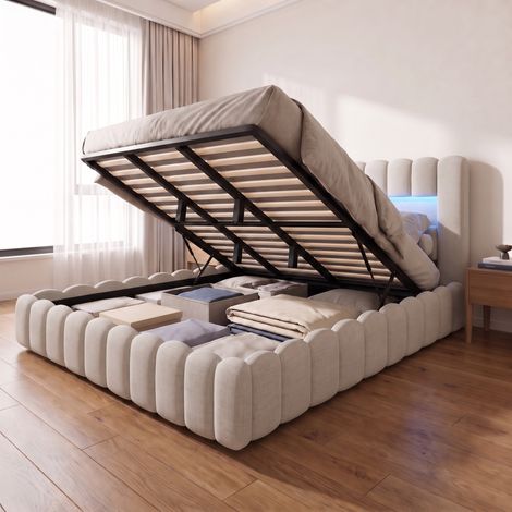 Lit coffre 180x200 cm avec sommier, lit double capitonné en lin, éclairage LED & USB/Type-C, lit adulte hydraulique, style scandinave, Beige