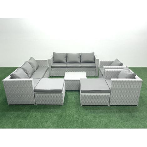 Fimous Outdoor Rattan Sofa Garden Furniture Set with 2 Armchairs Square Coffee Table 2 Big Footstools Light Grey Mixed (1/5)
