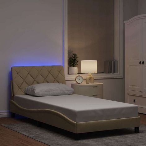 Estructura cama con LED sin colchón tela crema 100x200 cm (1/5)