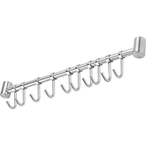 Barre de suspension pour cuisine en acier inoxydable – 53 cm, 10 crochets argentés, idéale pour torchons et ustensiles (1/4)