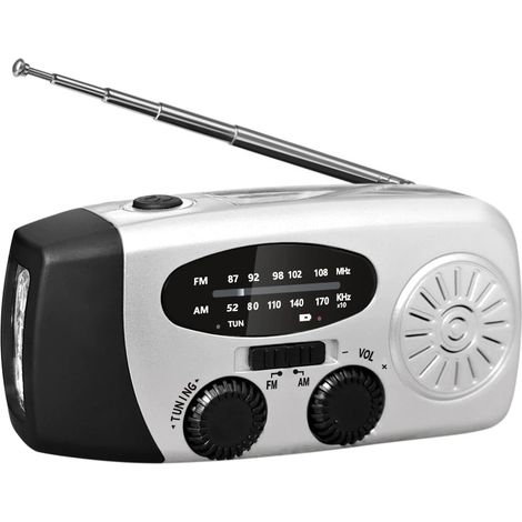 Radio de emergencia con manivela y linterna LED, radio portátil NOAA AM/FM con batería externa de 2000 mAh, color gris plateado. (1/5)