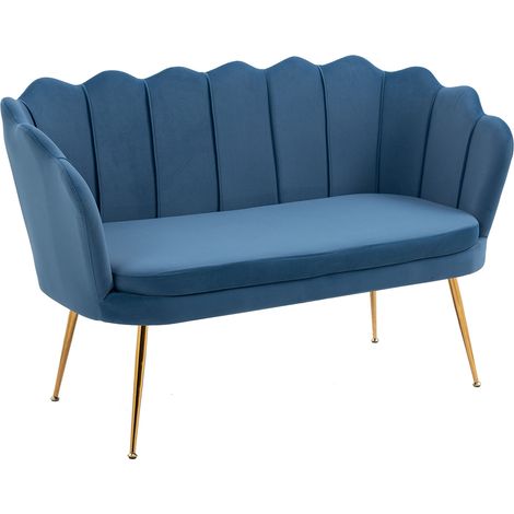 Divano Due 2 Posti In Velluto Forma Conchiglia Gambe In Metallo 133x63x75 Cm Camera Soggiorno Ufficio Blu (1/5)