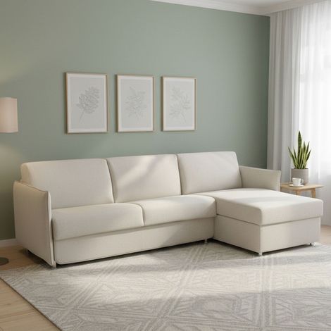 Sofá Cama con Chaise Longue Scordia, Desenfundable, Contenedor, Hecho en Italia, Impermeable, Cama Multiposición, 260x160 cm Beige (1/5)