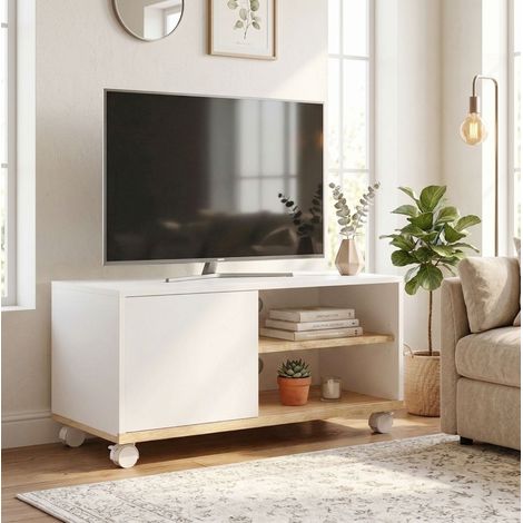 Mueble TV con ruedas (80x45x41 cm), armario, balda ajustable, gestión de cables, madera de ingeniería blanco y roble claro (1/5)