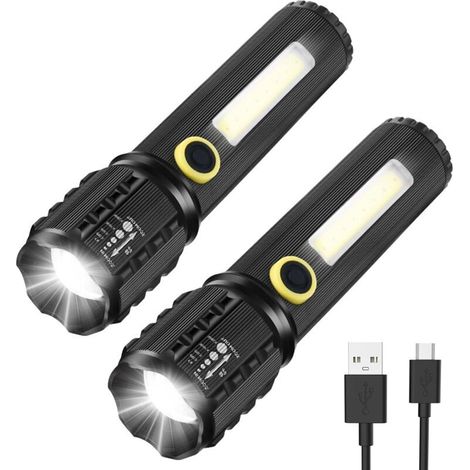 Lampe de poche LED, lot de 2 lampes de poche,lampes de poche lumineuses réglables et zoomables, lampe de poche LED rechargeable d'urgence, 11cm (1/5)
