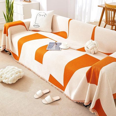 Plaid de canapé, Cozevdnt, chenille, 180 x 230 cm, crème/orange (1/5)