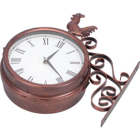 Horloge murale en fer forgé, motif coq, double face, en laiton antique, avec chiffres romains, idéale pour la maison et le jardin. (1/5)