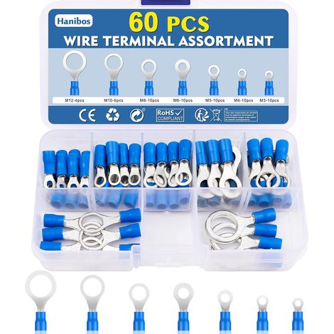 Lot de 60 cosses à anneau - 1,5-2,5 mm² - Bleu - Cosses à sertir - 16-14 AWG - Anneau de cosses de câble - Diamètre du trou : M3 M4 M5 M6 M8 M10 M12 - Cosses de câble rondes - 7 tailles (1/5)