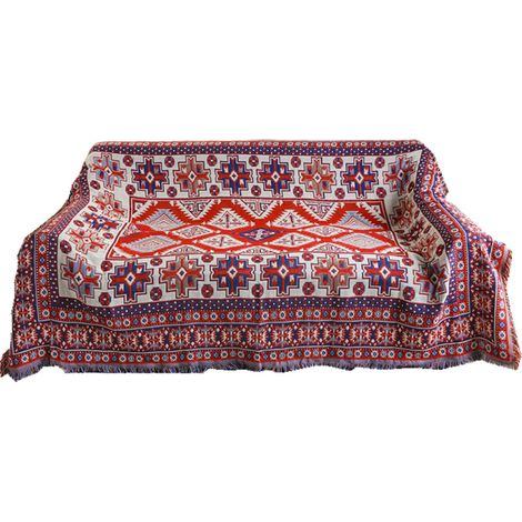 Plaid/tapis/couverture double face en coton tissé avec pompons décoratifs pour canapé/lit (2) (1/5)
