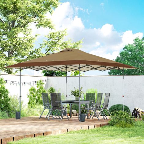 Tenda pieghevole pop-up 4x4 m con chiusura centralizzata, protezione solare UPF50+, altezza regolabile, sacchi di sabbia e borsa per il trasporto con ruote, beige e caffè.