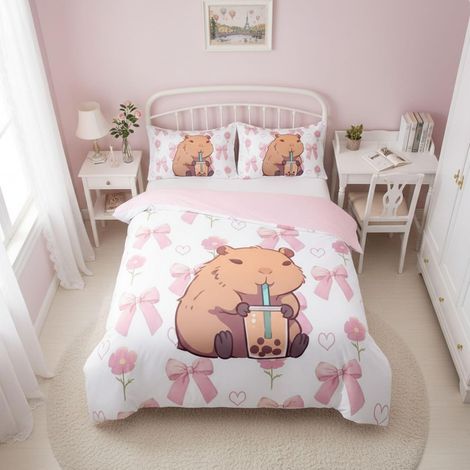 Housse de Couette 220x240 Enfant Capybara avec 2 Taies d'oreiller - Parure de Lit Ado Fille Noeud Papillon Rose - Sets de Housses de Couettes Motif Floral - Imprimé Animal Capybara (1/5)